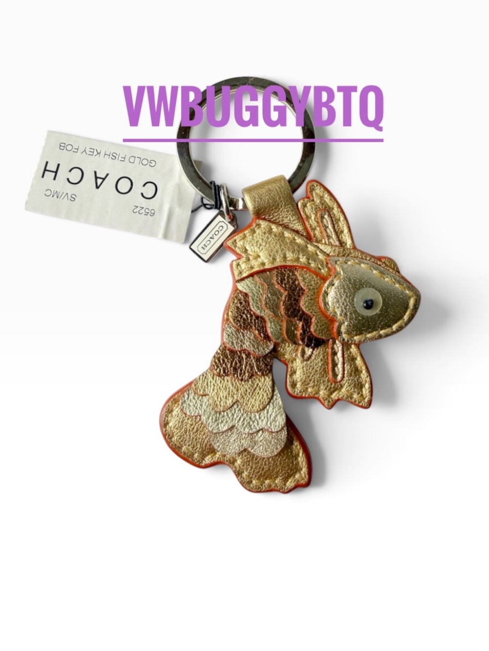 COACH Metallic Gold Leather Koi Fish Key Ring Bag Charm 6522 NEW NEVER USED